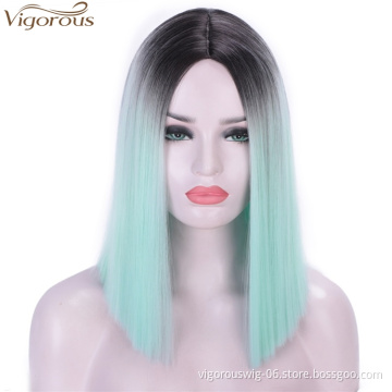 Vigorous 14 inches Short Straight Bob Wig 2 Tone Ombre Green Middle Part Heat Resistant Synthetic Cosplay Daily Use For Women